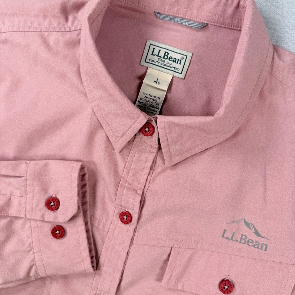 LL Bean Women Shirt Sz L Dusty Rose Pink Long Sleeve Hiking Fishing Rol Tab Vent